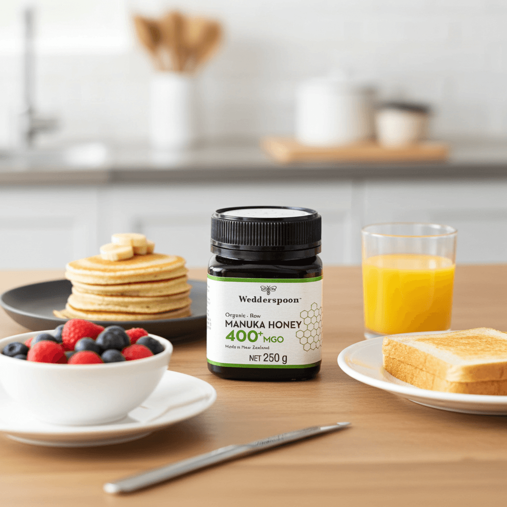 Wedderspoon Organic Raw Manuka Honey 400 MGO 250g jar with black lid and white label