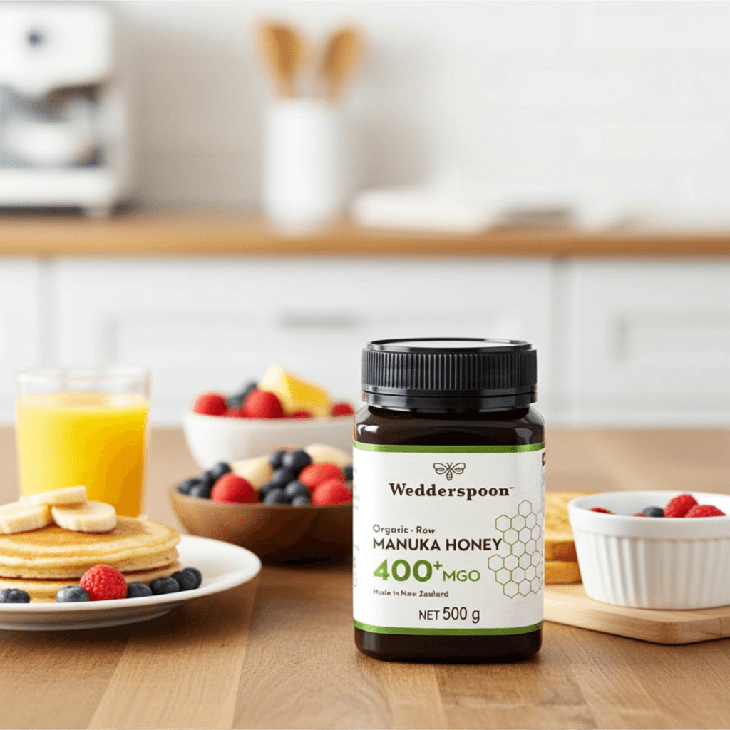 Wedderspoon Organic Raw Manuka Honey 400 MGO 500g jar made in New Zealand with black lid