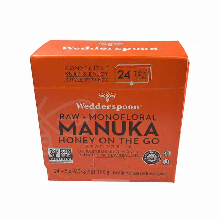 Wedderspoon Mānuka Honey On The Go KFactor 16+ Mānuka Snap Packs 120g (24 snaps per box)