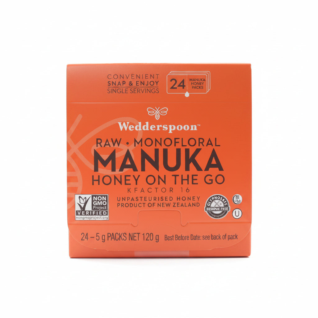 Box of Wedderspoon Raw Monofloral Manuka Honey on the Go with branding and product details.