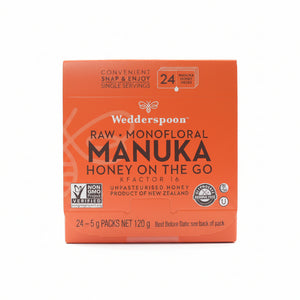 Box of Wedderspoon Raw Monofloral Manuka Honey on the Go with branding and product details.