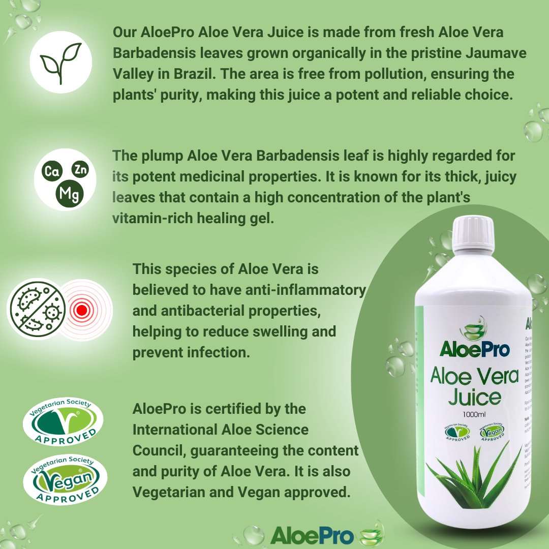 Manuka Honey Direct AloePro aloe vera juice 1000ml bottle with fresh aloe leaf and health benefit icons