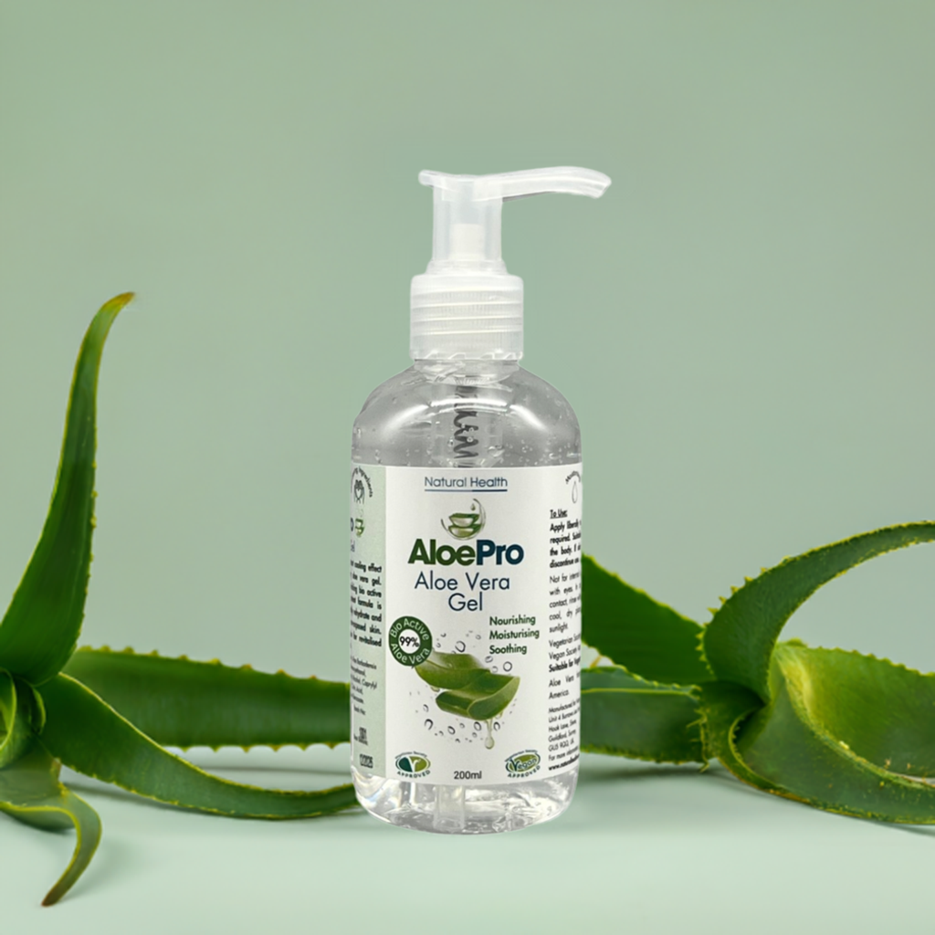 Manuka Honey Direct AloePro aloe vera gel for skin in clear pump bottle with aloe leaves