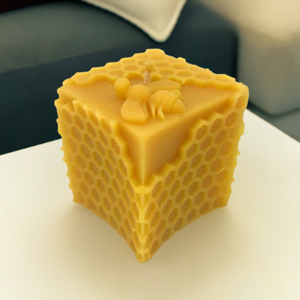 Bee Happy Cube Candle with Bee - Pure Beeswax Candle - Manuka Honey Direct