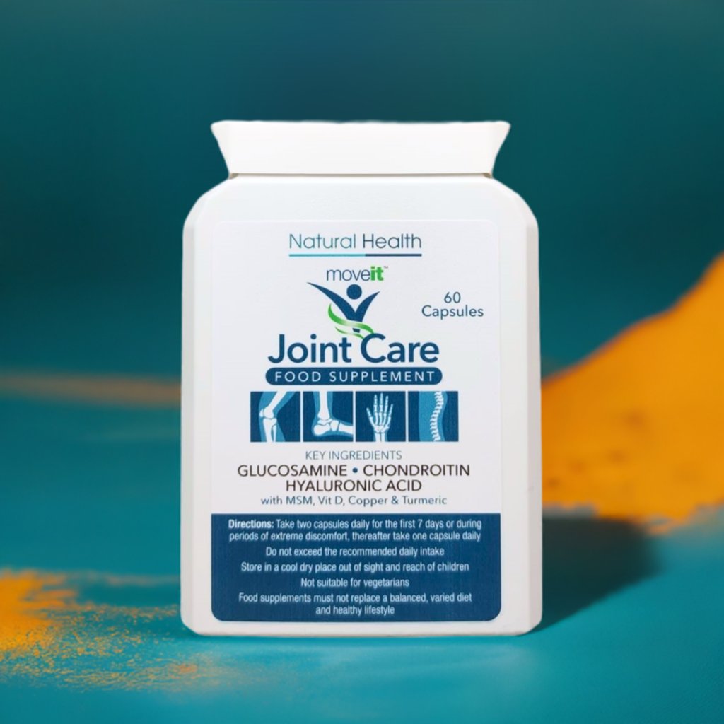 Moveit joint capsules and cream Natural Health Ltd Joint Care supplement bottle with key ingredients label