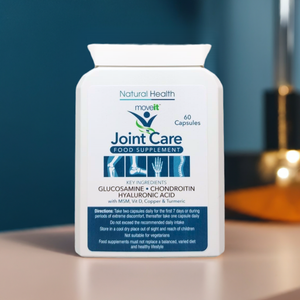 Moveit Joint Care food supplement bottle with 60 capsules natural health support for joints moveit joint capsules and cream