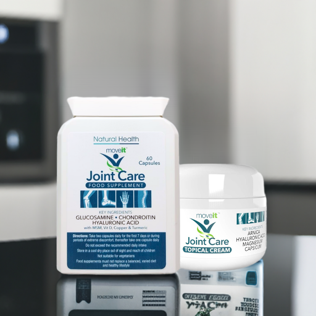Moveit joint capsules and cream Natural Health Ltd Joint Care supplement with glucosamine and hyaluronic acid