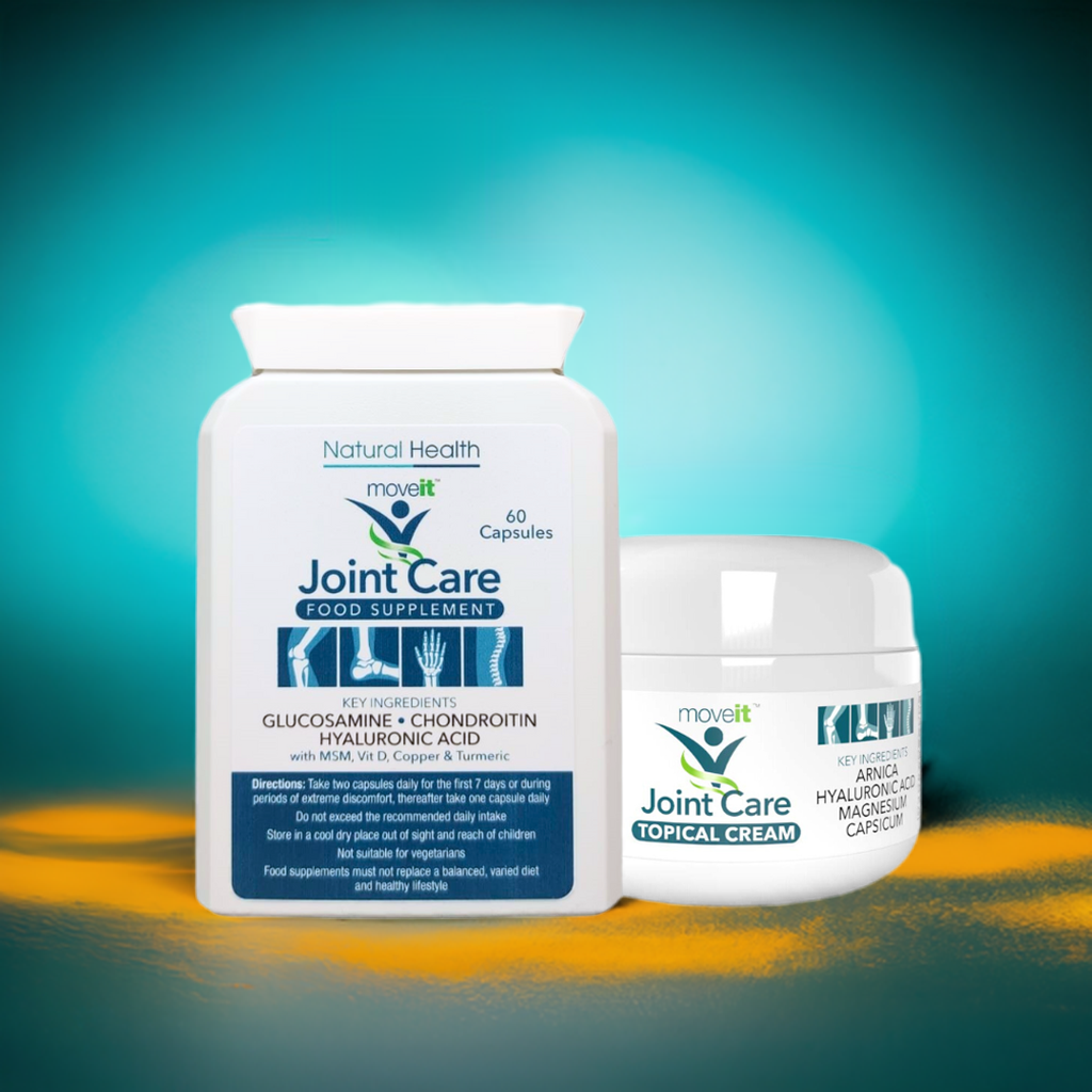 Moveit joint capsules and cream by Natural Health Ltd for joint care with glucosamine and hyaluronic acid