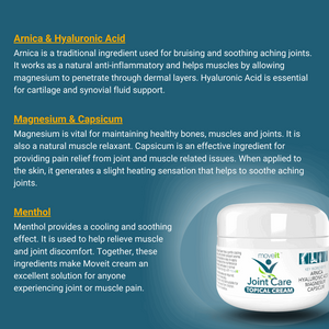 Moveit joint capsules and cream with arnica hyaluronic acid magnesium capsicum and menthol for joint care