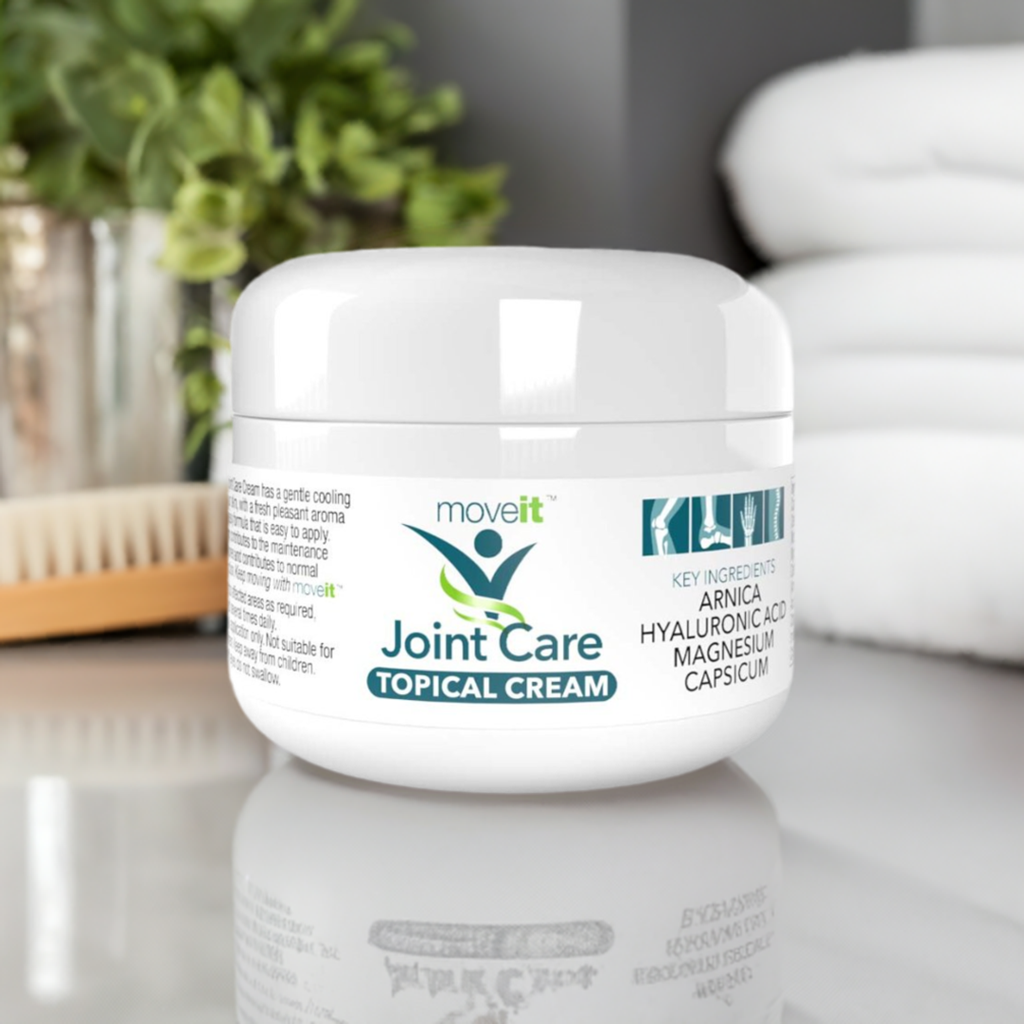 Moveit joint capsules and cream natural joint care topical cream jar with key ingredients on white surface