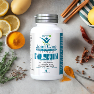 Moveit Jointcare supplement 30 capsules bottle with turmeric and herbs on gray background
