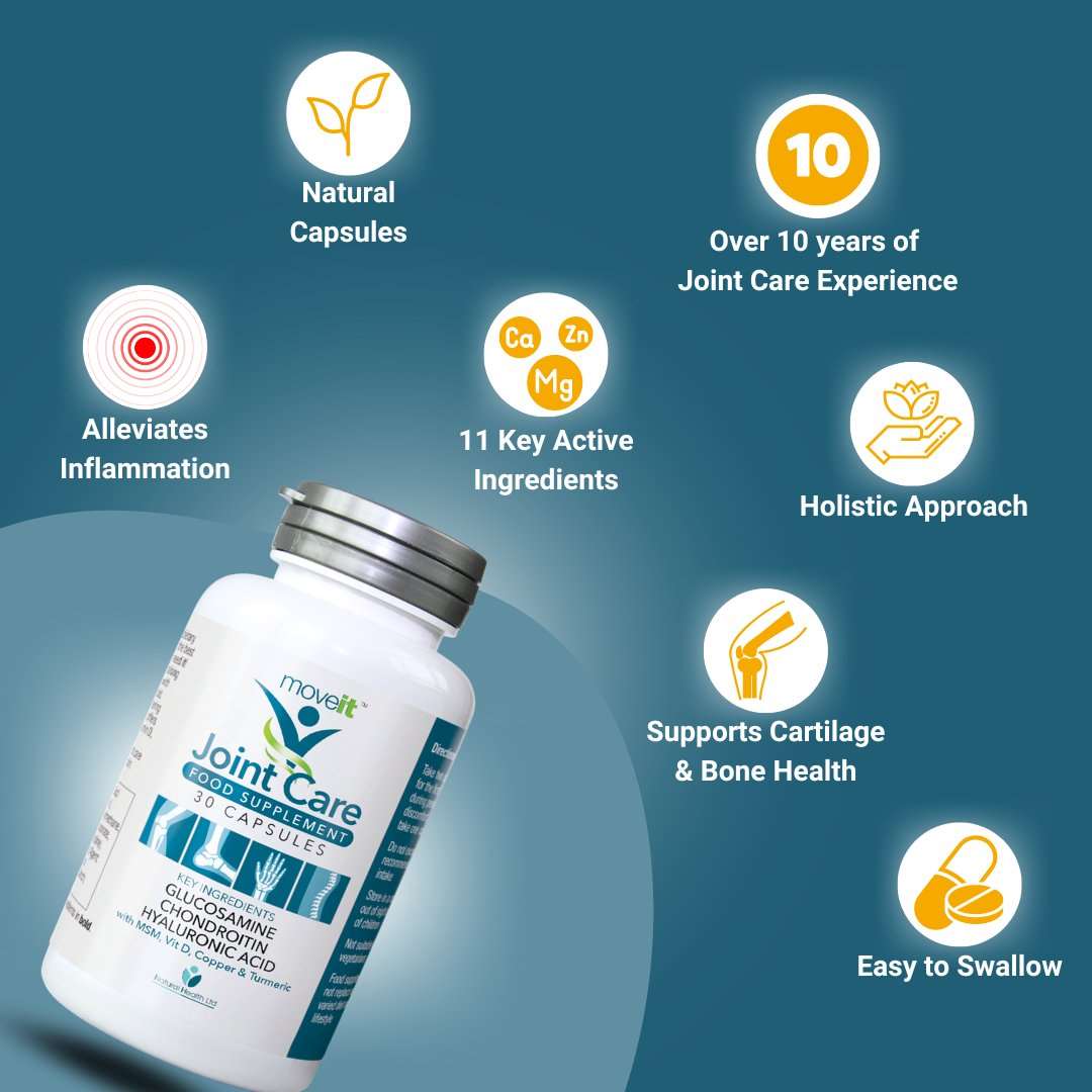 Moveit Jointcare supplement 30 capsules bottle with benefits like natural capsules and supports cartilage