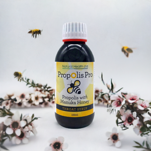 Propolis throat syrup with manuka honey bottle surrounded by bees and flowers from Manuka Honey Direct
