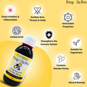 Propolis throat syrup with manuka honey bottle highlighting benefits like easing irritation and antibacterial properties