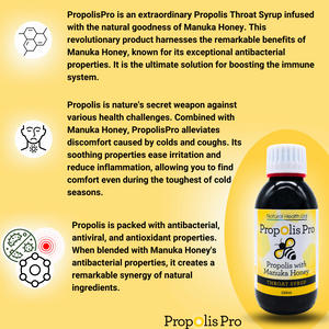 Propolis throat syrup with manuka honey by Manuka Honey Direct in a 150ml dark bottle with white cap