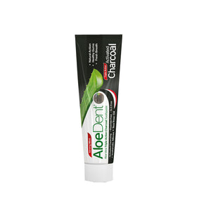 Aloedent charcoal toothpaste tube with aloe leaf graphic and activated charcoal formula for whitening
