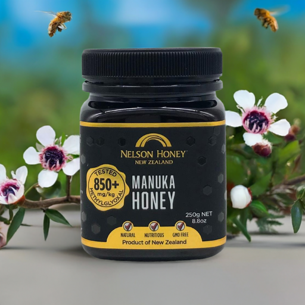 Nelson Manuka honey MGO 850+ 250g jar Nelson Honey New Zealand with manuka flowers and bees