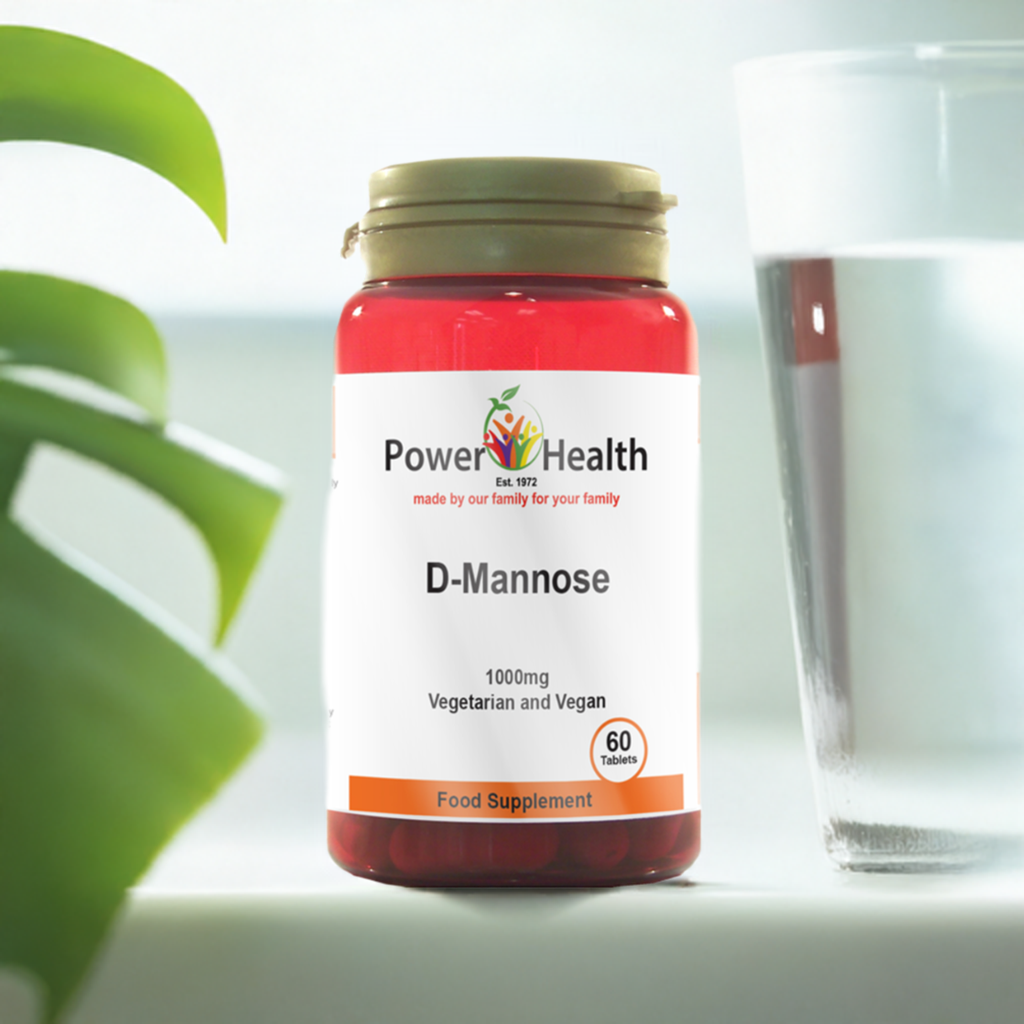 PowerHealth 1000mg High Strength D-Mannose tablets for urinary health 60 Tablets with glass of water