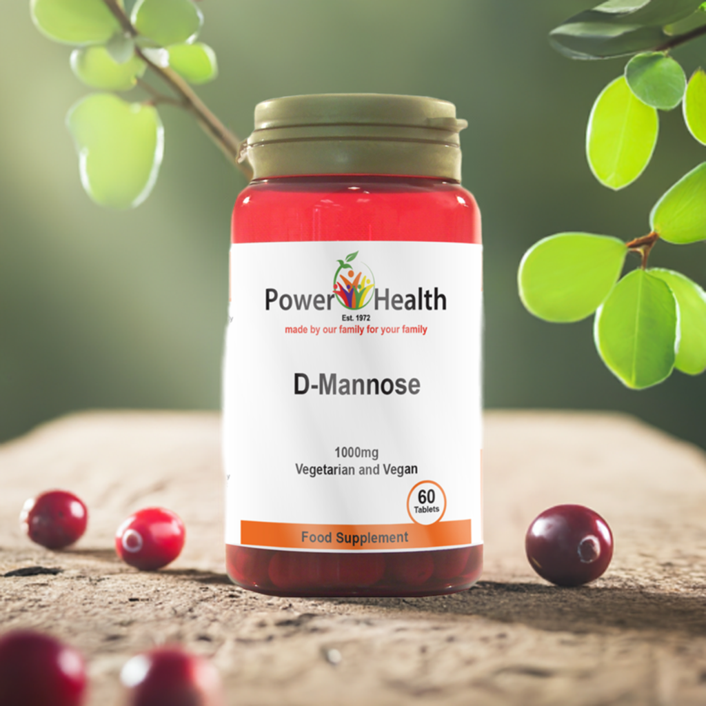 PowerHealth 1000mg High Strength D-Mannose tablets for urinary health 60 Tablets in red bottle on wooden surface with green leaves