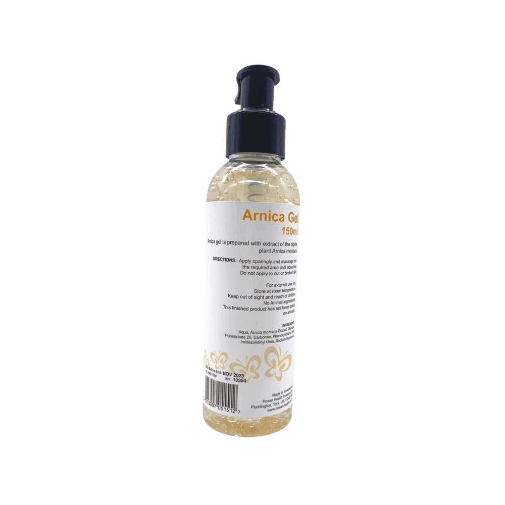 Powerhealth Arnica gel for bruises 150ml clear gel pump bottle with orange floral label from Manuka Honey Direct