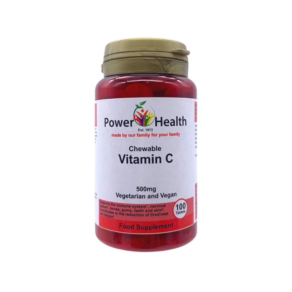 PowerHealth chewable vitamin C 500mg tablets bottle with 100 vegetarian vegan tablets for immune support