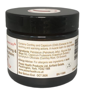PowerHealth chilli hot balm for muscle aches jar with ingredients and usage information label