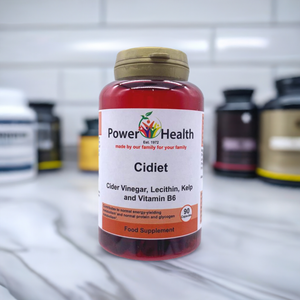 PowerHealth Cidiet bottle of cidiet cider vinegar capsules 90 count supplement with white label and gold cap