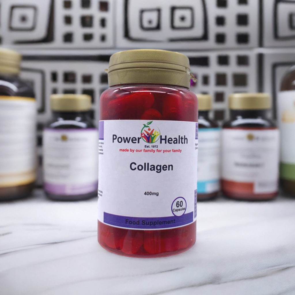 PowerHealth collagen capsules 400mg bottle showing 60 red capsules and front label with blurred supplements