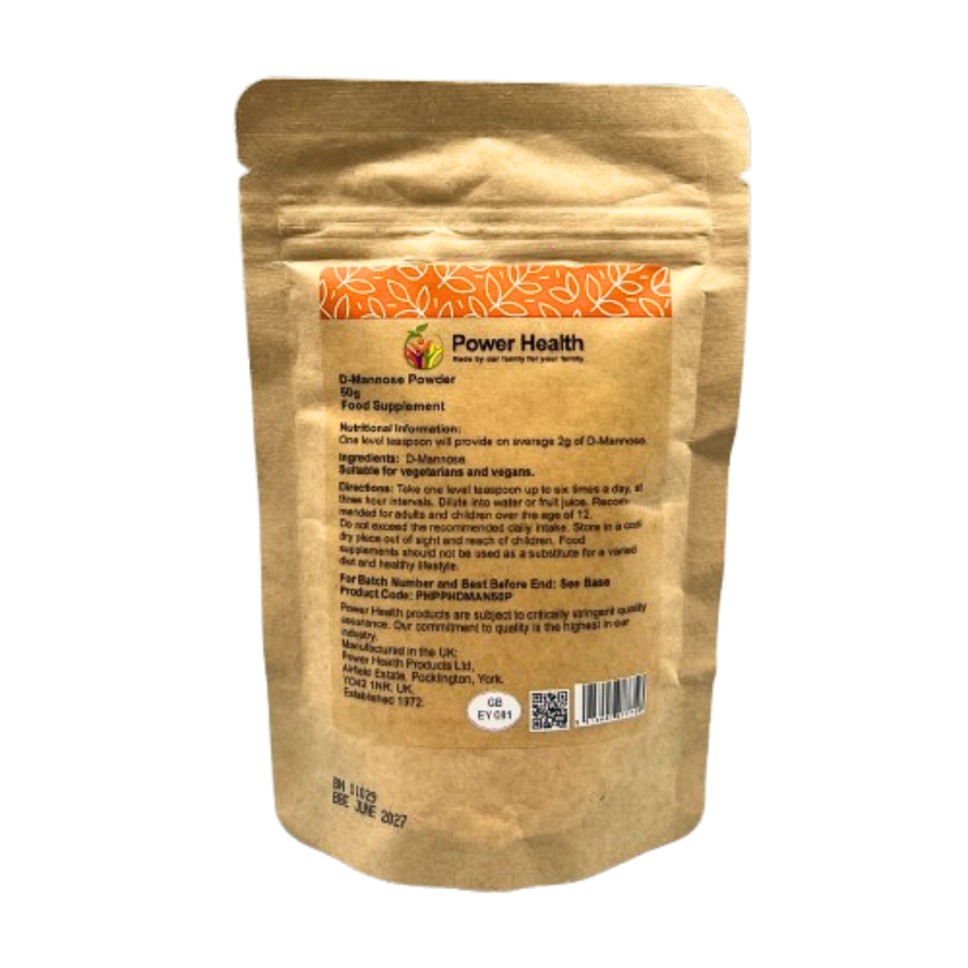 PowerHealth D-Mannose powder 50g supplement in a resealable brown kraft pouch
