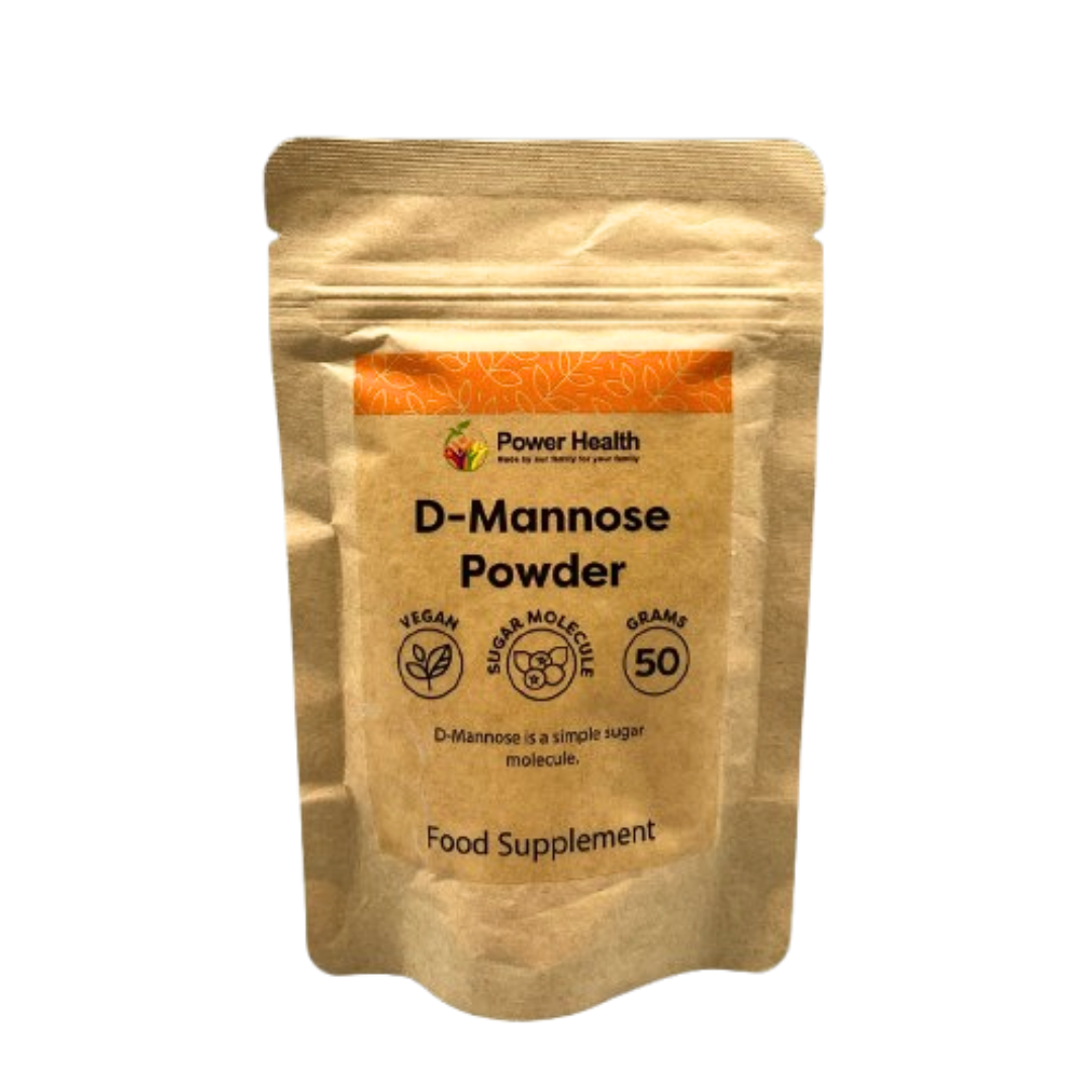 PowerHealth D-Mannose powder 50g vegan food supplement in resealable brown pouch