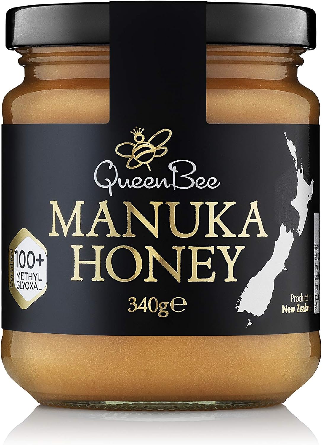 Queen Bee Manuka Honey 340g Glass Jar with black label and New Zealand map