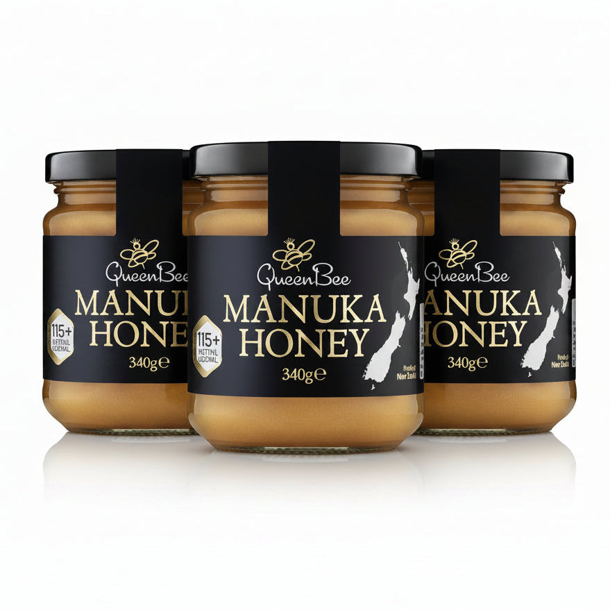 3 Jars of Queen Bee Manuka Honey on a white background