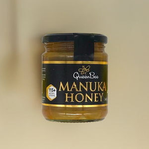 Queen Bee Manuka Honey 340g Glass Jar with black and gold label and 115 plus methylglyoxal content