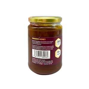 Queen Bee Manuka Honey MG 263 plus 454g jar with gold lid and label showing quality marks