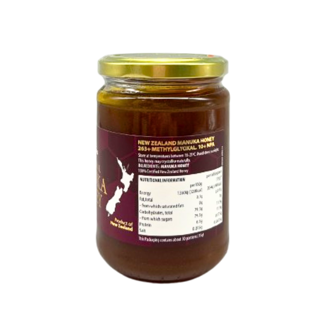Queen Bee Manuka Honey MG 263 plus 454g jar with gold lid and New Zealand origin label