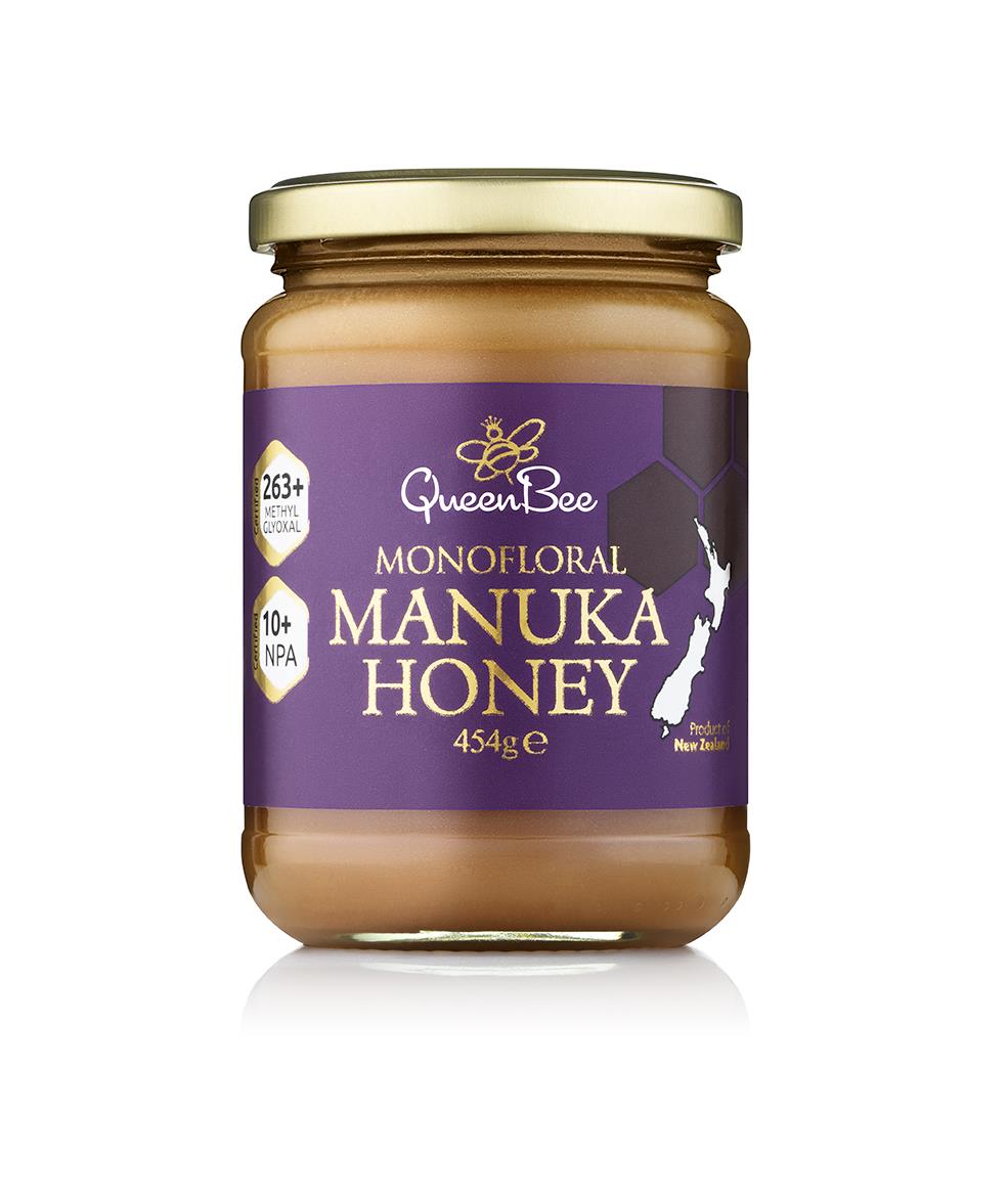 Queen Bee Manuka Honey MG 263 plus 454g jar with purple label and gold lid from New Zealand