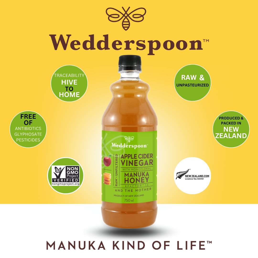 Wedderspoon apple cider vinegar with manuka honey in a 750ml bottle, raw and unpasteurized