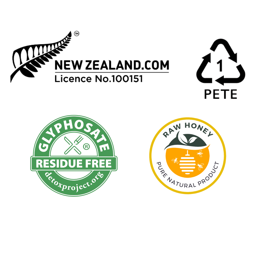 Certification logos for Wedderspoon apple cider vinegar with manuka honey including residue free and raw honey labels