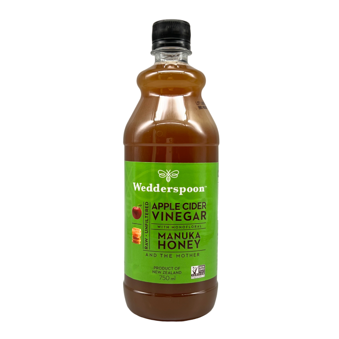 Wedderspoon apple cider vinegar with manuka honey in a 750ml plastic bottle with green label