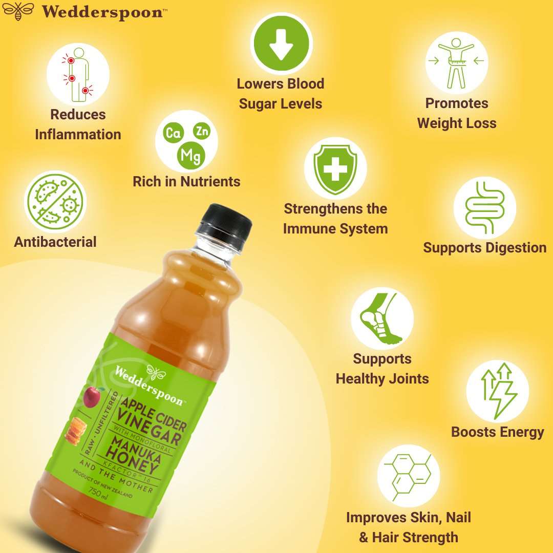 Wedderspoon apple cider vinegar with manuka honey bottle highlighting health benefits like lowering blood sugar and supporting digestion