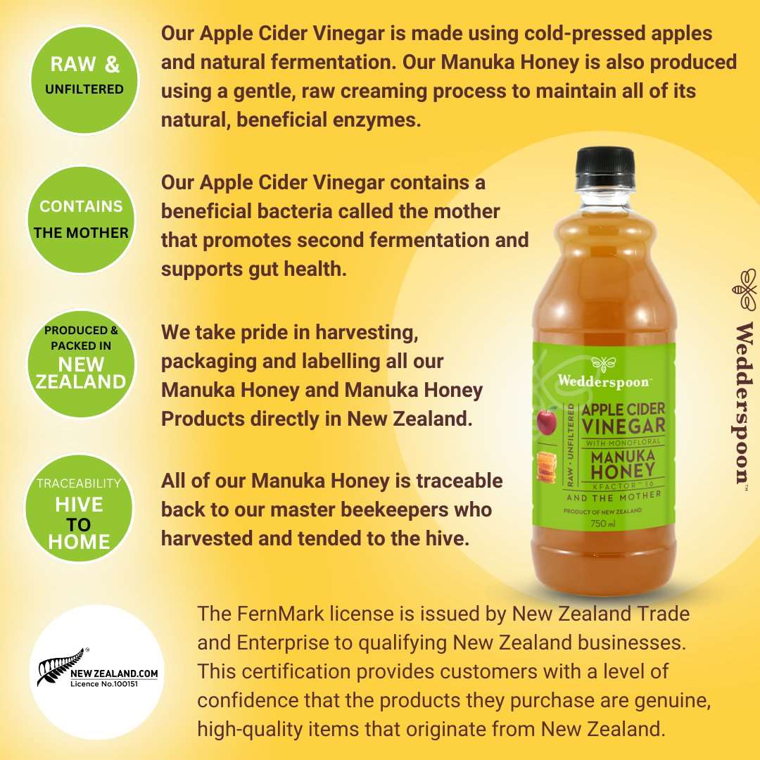 Wedderspoon apple cider vinegar with manuka honey bottle featuring raw unfiltered cold-pressed apples from New Zealand
