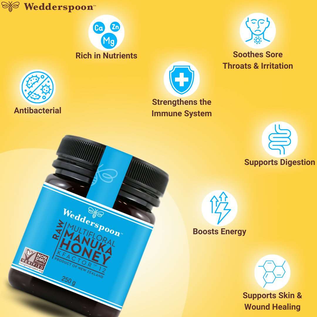 Wedderspoon Raw Manuka honey KFactor 12 jar with health benefits like antibacterial and immune system support