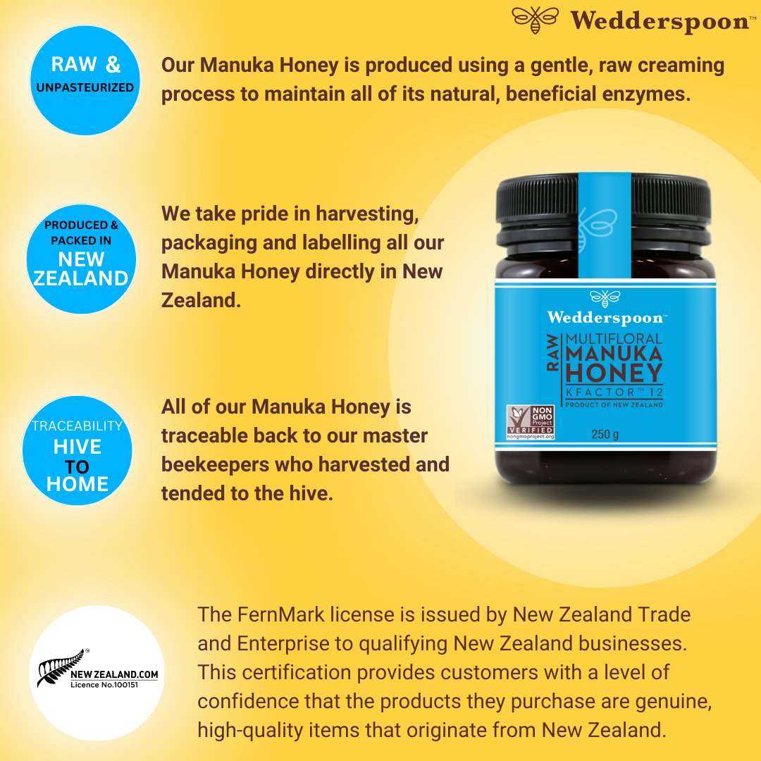 Wedderspoon Raw Manuka honey KFactor 12 jar with label highlighting its raw, unpasteurized quality and New Zealand origin