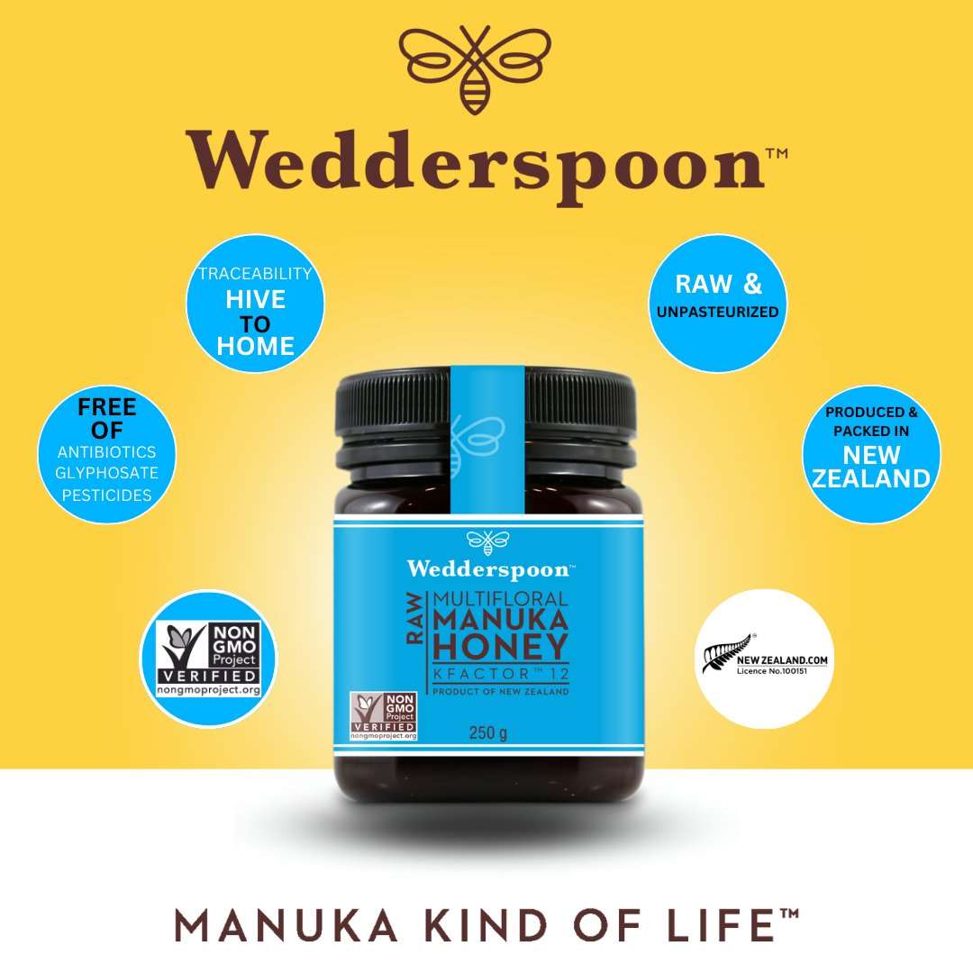 Wedderspoon Raw Manuka honey KFactor 12 jar with blue label highlighting raw unpasteurized and New Zealand origin
