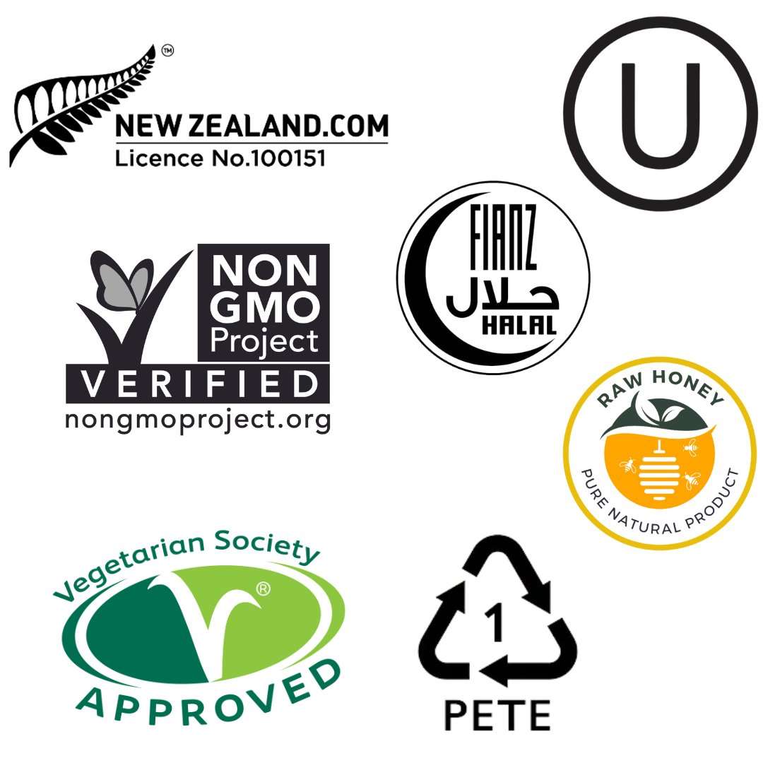 Certification logos for Wedderspoon Raw Manuka honey KFactor 16 including Non-GMO, Halal, Vegetarian Approved, and New Zealand origin