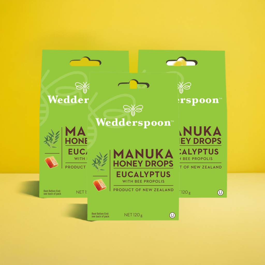 Wedderspoon manuka honey eucalyptus drops throat lozenges pack in green packaging with bee logo