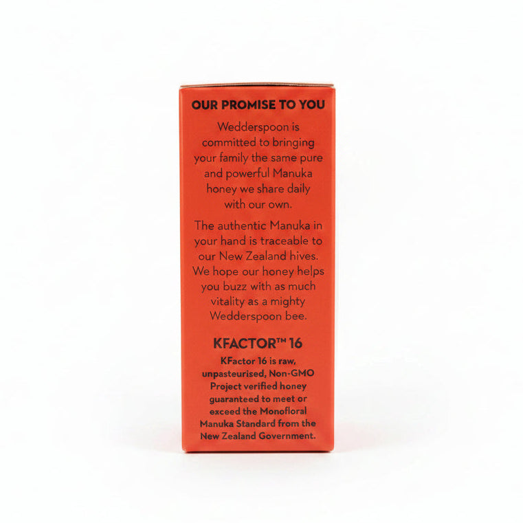 Wedderspoon KFactor promise — guaranteed Mānuka honey purity and quality, snap pack side panel
