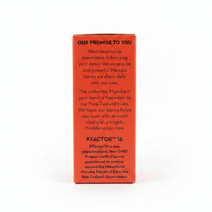 Wedderspoon KFactor promise — guaranteed Mānuka honey purity and quality, snap pack side panel