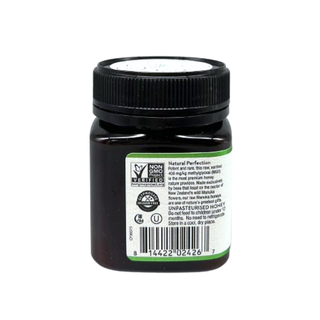 Wedderspoon Organic Raw Manuka Honey 400 MGO 250g jar with label showing product details and certification