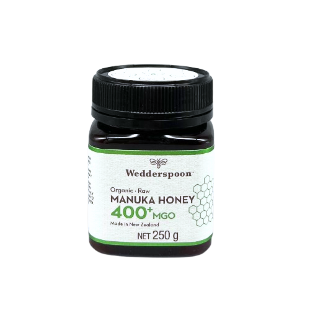 Wedderspoon Organic Raw Manuka Honey 400 MGO 250g jar with black lid and white label
